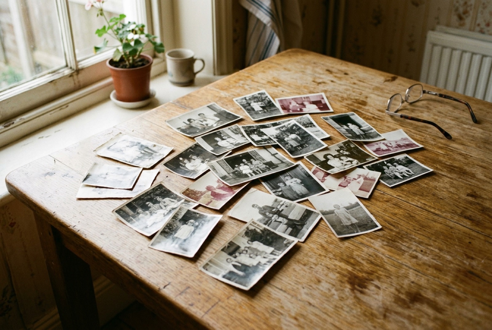 Old family snapshots spread out on a kitchen table in daylight, with a pair of reading glasses beside them
